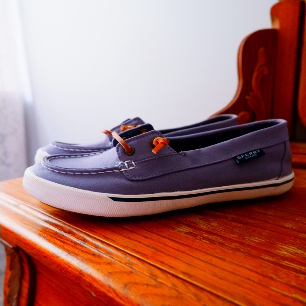Sperry Women's Blue Moccasins with Orange Accents